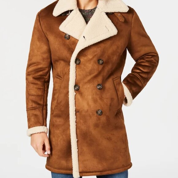 NEW GUESS Faux Shearling Double Breasted Overcoat cognac for men 364mn